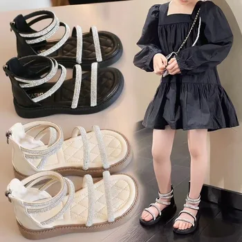 Модни сандали за момичета с мека подметка, новост 2023 година, обувки на принцеса за момиченца, летни римски сандали за по-големите деца, обувки за момичета