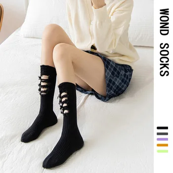 Модни Чорапи за жени Harajuku Street Broken Hole Beggar средна дължина, есенни чорапи с дрямка в стил хип-хоп, памучни найлонови чорапи за скейтборд