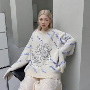 Негабаритная градинска дрехи фигура на Ангел, дамски пуловер, мързелив пуловер, Нова корейска версия, модерен пуловер с кръгло деколте, женски пролет 2021