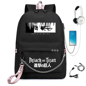 Новост Harajuku Класни ученически чанти Унисекс Атака на Титаните USB Пътни чанти с принтом Оксфорд Водоустойчив Лаптоп, Раници през рамо