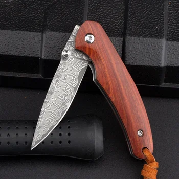 Нож от дамасской стомана, дървена дръжка, сгъваем Нож, мини-инструмент за къмпинг, ножове за оцеляване на открито, универсален шарикоподшипниковый джобен нож EDC
