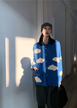 Пролетната мода дамска риза оверсайз 2023, синя риза с бродерия облаци, дълъг ръкав, риза с копчета, модерен дизайнерски топ, градинска облекло