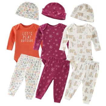 Пролетно облекло за новородени 0-3-6-9 месеца, Комплект Дрехи за бебета, Боди + Панталони + Шапка, 3 бр., Дрехи за малките момчета и Момичета, Детски пижамный костюм