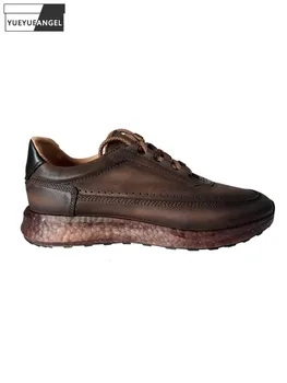 Реколта дишащи обувки изработени ръчно от телешка кожа, ежедневни обувки от естествена кожа, мъжки удобни маратонки за бягане дантела, Размер 38-45