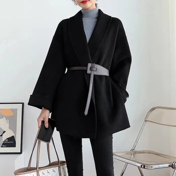 Реколта тънка вълнена куртка от смесовой тъкан, жена на корейското модно однотонное палто, дамска елегантна есенна горна дреха с пояс, офис дама