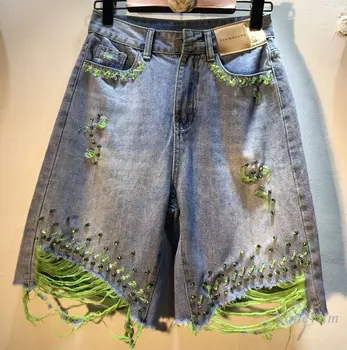 Скъсани зелени дънкови къси панталони за жени, летни новости 2023, изтънчените дънкови къси панталони с висока талия, украсена с пайети, за отслабване, выстиранные, оръфан