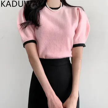Сладки пластове пуловер с къс ръкав и кръгло деколте, женски контрастен цвят, реколта свободни ежедневни възли върхове, шик, елегантен скок във френски стил