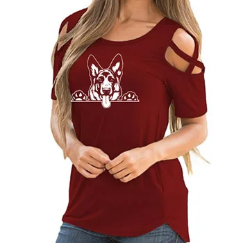 Тениска с принтом немски овчарки с шарени кучета за жени, летен подарък за фен на животни, ежедневни тениски с кръст с открити рамене, дамски блузи