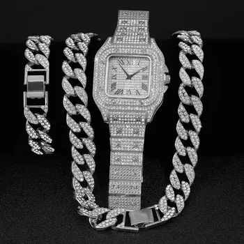 Хип-хоп 15 mm комплект от 2 теми Часовник + колие + Гривна с декорация във формата на кристали AAA + Кубинската верижка с кристали, веригата за жени и мъже, бижута