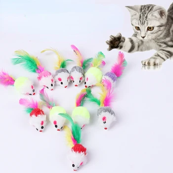 Цветна плюшен мишка с опашка от пера, играчка за котки, реалистична мишката, Стоки за котки, Стоки за домашни любимци, Аксесоари за котки, 5 бр./лот